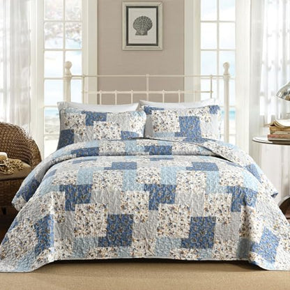 Mybedsoul Boho Quilt King Size, Patchwork Floral Bedding Set, Light Blue