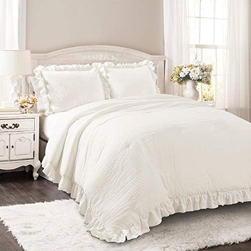Lush Decor Reyna Ruffle Comforter Set - 3 Piece Cozy Ruffled Bedding Set - Timeless Elegance and Comfort for Dorm Room - Full/ Queen, White