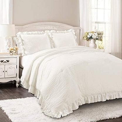Lush Decor Reyna Ruffle Comforter Set - 3 Piece Cozy Ruffled Bedding Set - Timeless Elegance and Comfort for Dorm Room - Full/ Queen, White