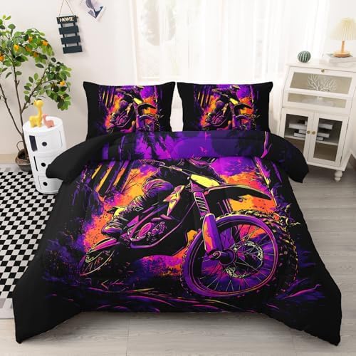 AILONEN Dirt Bike Comforter Set Extreme Sports Bedding Set for Kids Boys Girls, Twin Size Racing Motocross Rider Comforter with 2 Pillowcases,3 Pieces Purple Black