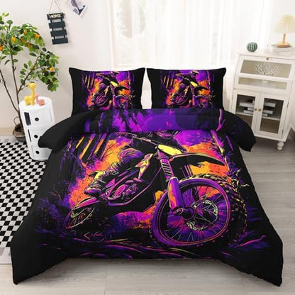 AILONEN Dirt Bike Comforter Set Extreme Sports Bedding Set for Kids Boys Girls, Twin Size Racing Motocross Rider Comforter with 2 Pillowcases,3 Pieces Purple Black