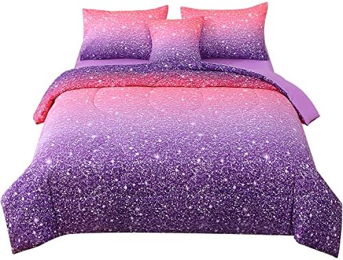 JQinHome Pink Purple Comforter Set Full/Queen Size, 6 Piece Bed in A Bag 3D Colorful Bedding Set for Girls Women (1 Comforter,2 Pillowcases,1 Flat Sheet,1 Fitted Sheet,1 Cushion Cover)