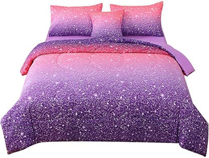 JQinHome Full Size Pink Purple Comforter Set, 6 Piece Bed in A Bag 3D Colorful Bedding Set for Girls Women(1 Comforter,2 Pillowcases,1 Flat Sheet,1 Fitted Sheet,1 Cushion Cover)