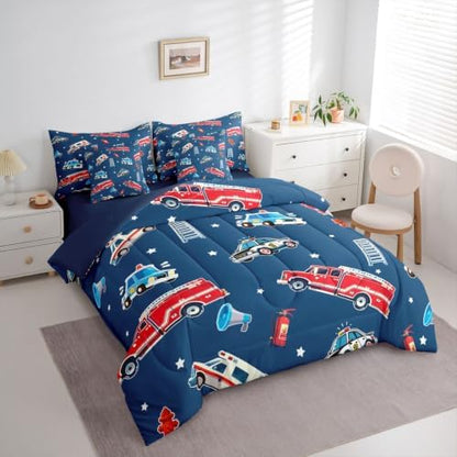 Feelyou Fire Truck Comforter Set Twin Size 7 Pcs Bedding Set Boys Girls