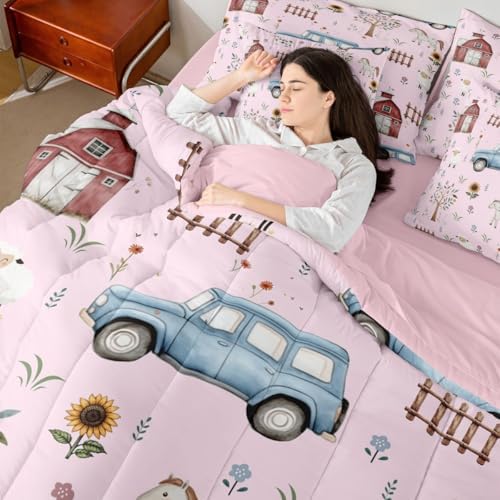 Erosebridal Farm Animal 7 Piece Kids Comforter Set Cartoon Tractor King Bedding Set for Boys Girls Rustic Barn Door Comforter Farmhouse Horse Sheep Cow Cartoon Animals Sunflower Floral Sheets,Pink