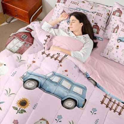 Erosebridal Farm Animal 7 Piece Kids Comforter Set Cartoon Tractor King Bedding Set for Boys Girls Rustic Barn Door Comforter Farmhouse Horse Sheep Cow Cartoon Animals Sunflower Floral Sheets,Pink