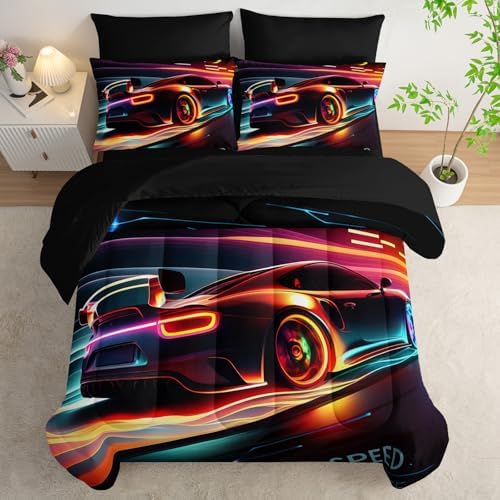 AILONEN Kids 3D Racing Car Comforter Sets Full Size,Extreme Sports Theme Bedding Set Bed in a Bag for Boys Teens,Modern Race Car Comforter & Fitted Sheet + Flat Sheet & 2 Pillowcases,2 Pillow Shams