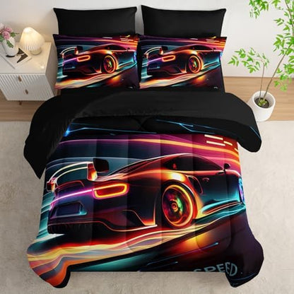 AILONEN Kids 3D Racing Car Comforter Sets Full Size,Extreme Sports Theme Bedding Set Bed in a Bag for Boys Teens,Modern Race Car Comforter & Fitted Sheet + Flat Sheet & 2 Pillowcases,2 Pillow Shams