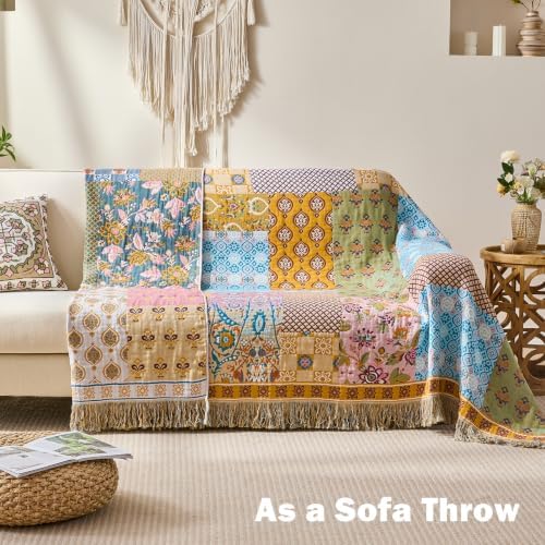 VANJOROY Boho Throw Blanket, 100% Organic Cotton Breathable Skin-Friendly Ultra Soft 80" x 90" Bed Quilt Patchwork Throw - Floral Rustic Luxury Reversible Blanket for Sofa Couch Chair and Gift,