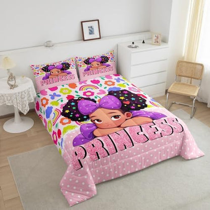 Black Girls Comforter Set Full Size,Princess Girl Pink Diamond Glitter Pattern Bedding Set 3Pcs,Cute African Style Americans Quilt Set Kids Teens Cartoon Colorful Flower Duvet Insert,2 Pillowcases