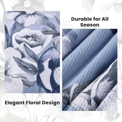 Luxudecor Floral Comforter Set King Size 7 Piece, Blue Flower Bed in a Bag, Elegant Gradient Floral Comforter with Sheet Set, Soft Seersucker Microfiber Bedding Set for All Season (Blue, 104"x90")