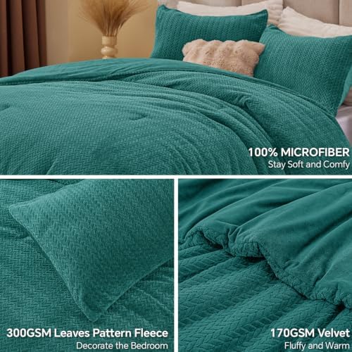 ChiXpace Fleece King Size Comforter Set Teal, Fluffy Bed Set 3 Pieces