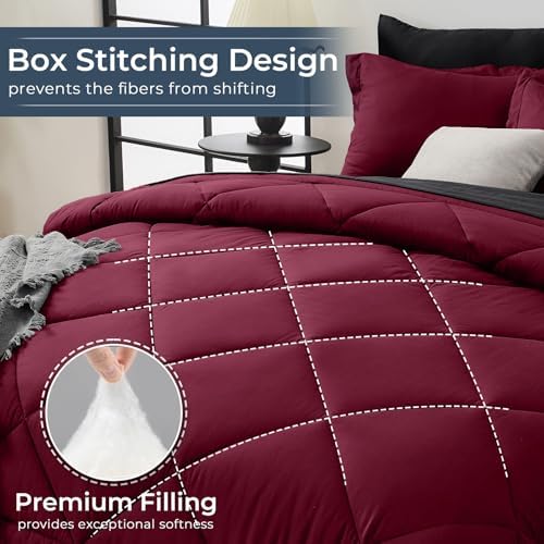 HEVUMYI 7-Piece Queen Comforter Set, Red & Black Bed in a Bag