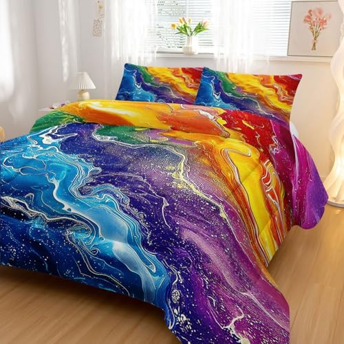 Nttopship Colorful Watercolor Comforter Tie Dye Bedding Set with 2 Pillowcase King Size Marbling Comforter Set for Kids Boys Girls Bedroom Decor