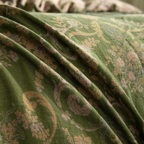 VM VOUGEMARKET Green Floral Duvet Cover Queen,3 Pieces Retro Boho Medallion Jacquard Flower Bedding Set,Linen Cotton Yarn-Dyed Textured Reversible Duvet Cover with Zipper Closure