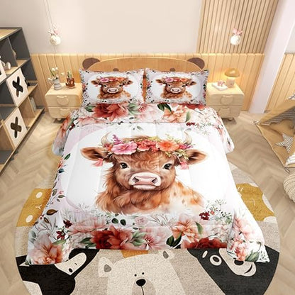 Feelyou Cute Highland Cow Comforter Set Queen Size Boys Girls Teens