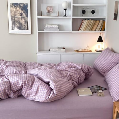 mixinni Purple Gingham Comforter Set Queen, Plaid Comforter Set 3 Pieces 1 Purple Grid Comfoter with 2 Pillow Cases for All Seasons, Soft Fluffy Modern Grid Pattern Printed Bedding-Queen Size