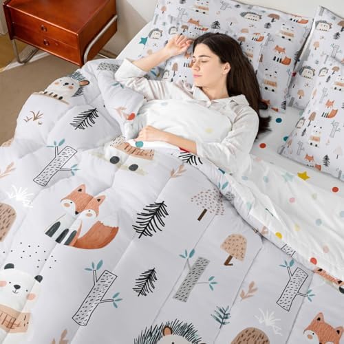 Erosebridal Cute Zoo Animals Twin Comforter Set 7 Piece for Kids Boys Girls Wildlife Bed in A Bag with Sheets Cartoon Fox Bear Hedgehog Bedding Set Jungle Tree Mushrooms Bed Set Room Decor