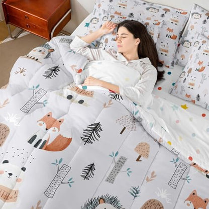 Erosebridal Cute Zoo Animals Twin Comforter Set 7 Piece for Kids Boys Girls Wildlife Bed in A Bag with Sheets Cartoon Fox Bear Hedgehog Bedding Set Jungle Tree Mushrooms Bed Set Room Decor
