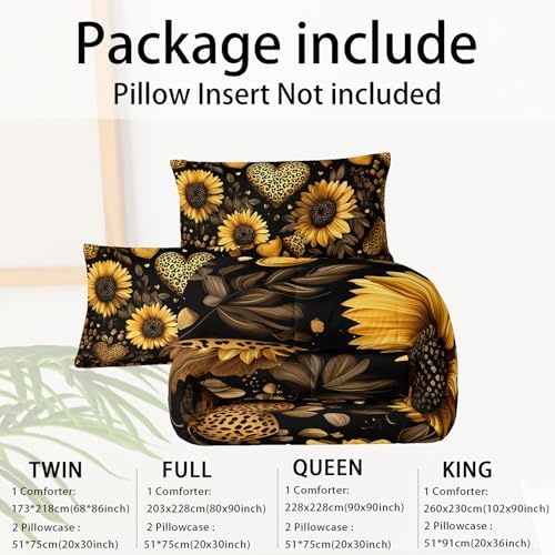 Black Sunflowers Comforter Set Queen for Girls Women Kids,Yellow Floral and Leopard Print Heart Pattern Bedding Set,3-Pieces Soft Microfiber Botanical Quilt Set for Bedroom Decor