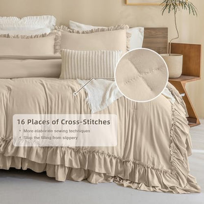 Masaca Farmhouse King Size Comforter Set,Shabby Boho Chic Bedding Ruffled Linen Feel Textured King Bed Comforter Vintage Rustic French Country Bedding Sets 3 Pieces