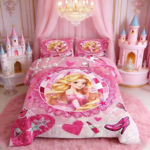 Castle Princess Kids Comforter Set Twin Size,High-heeled Shoes Lip Bowknot Fashion Bedding Set,Girls Women Room Decor,Glitter Stars Sequins Down Comforter,Pink Romantic Duvet Insert,1 Pillowcase
