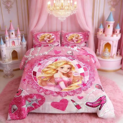 Castle Princess Kids Comforter Set Twin Size,High-heeled Shoes Lip Bowknot Fashion Bedding Set,Girls Women Room Decor,Glitter Stars Sequins Down Comforter,Pink Romantic Duvet Insert,1 Pillowcase