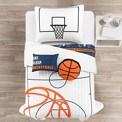 Lush Decor Basketball Game Reversible Quilt Twin Size 4 Piece Set, White & Navy - Kids Bedding Set - Twin Size Quilt - Sports Décor