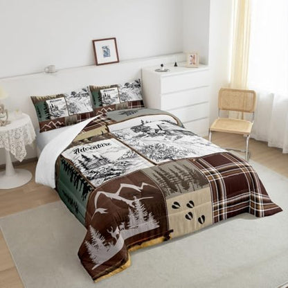 Homewish Rustic Cabin Comforter Set Queen,Adventure and Hunting Deer Antler Bedding Set,Boys Men Adult Room Decor Pine Wooden Plaid Patchwork Quilt Set Vintage Brown Duvet Insert 3Pcs