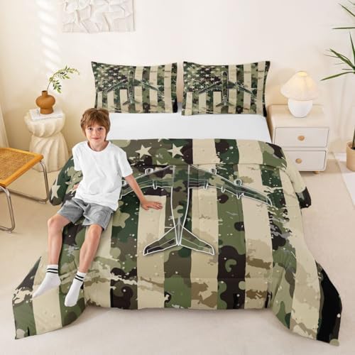 Erosebridal Camo American Flag Comforter Set Queen Camouflage Military Aircraft Bedding Set Army Green Airplane Comforter for Kids Boys Girls Vintage Patriotic Plane Quilt Duvet