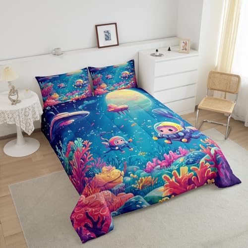 Homewish Underwater World Bedding Set Queen Size,Cartoon Submarine Comforter Set 3Pcs for Kids Girls Boys Teens Room Decor,Colorful Coral Fish Quilt Set Dreamy Ocean Duvet Insert,2 Pillowcases