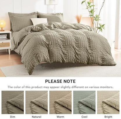 HYMOKEGE Linen California King Comforter Set Seersucker 7 Pieces, All Season Luxury Bed in a Bag for Bedroom, Bedding Set with Comforter, Sheets, Pillowcases & Shams