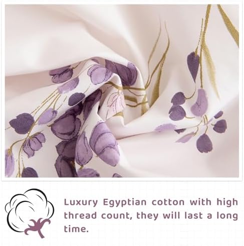 QSH Lavender Floral Bed Sheets Queen Size - 100% Egyptian Cotton Sheets Purple Flower Printed Bedding Sheets Queen Size Bed 4pcs Deep Pockets Bed Sheets