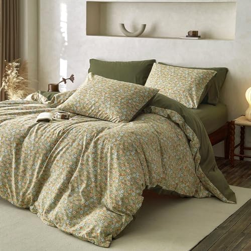 Wake In Cloud - Floral Comforter Set, Cute Vintage Flower Cottagecore Aesthetic for Women Teen Girls, Soft Lightweight Dorm Bedding, 3 Pieces, Olive Green, Full Size