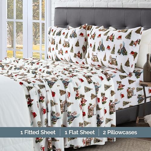 Elegant Comfort Luxuriously Soft 4-Piece Holiday Velvet Plush Flannel Sheet Set - Premium Quality - Cozy Warm, Christmas Fuzzy Velvet Flannel Fleece Deep Pocket Sheet Set - King, Bungalow