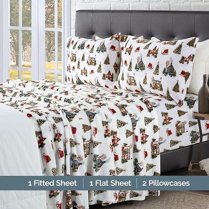 Elegant Comfort Luxuriously Soft 4-Piece Holiday Velvet Plush Flannel Sheet Set - Premium Quality - Cozy Warm, Christmas Fuzzy Velvet Flannel Fleece Deep Pocket Sheet Set - Cal King, Bungalow