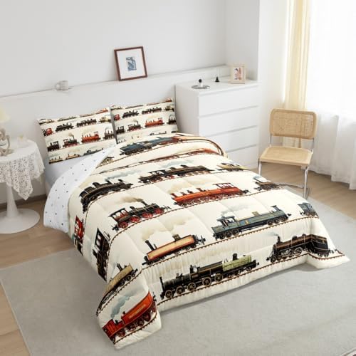 Feelyou Kids Vintage Train Comforter Set King Size Retro Steam Engine Bedding Set Boys Girls Retro Steam Locomotive Train Quilt Set Vehicle Train Bed Set