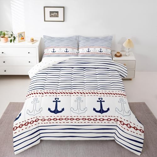 Boys Geometric Striped Bedding Set Navy Blue Anchor Comforter Set Twin Size Nautical Themed Quilted Duvet 2pcs for Kids Teens Men Adults Room Decor Sea Adventure Duvet Insert White,1 Pillowcase