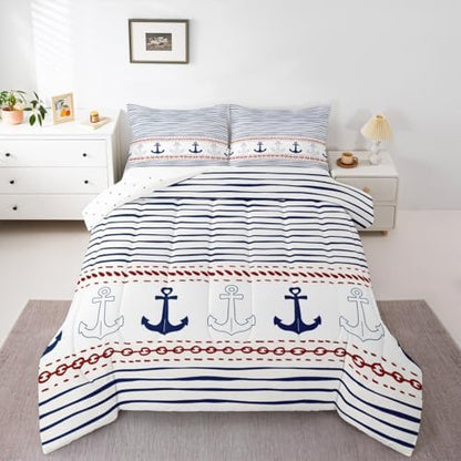 Boys Geometric Striped Bedding Set Navy Blue Anchor Comforter Set Twin Size Nautical Themed Quilted Duvet 2pcs for Kids Teens Men Adults Room Decor Sea Adventure Duvet Insert White,1 Pillowcase