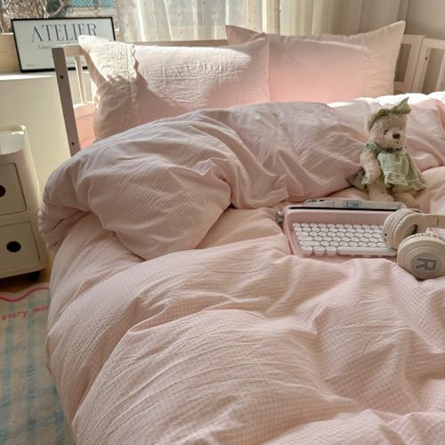 VM VOUGEMARKET Pink Grid Duvet Cover Set Queen 3 Pieces Lace Bedding Set Simple Cozy Plaid Checkered Comforter Cover with Zipper Ties for Teen Girls (No Filling)