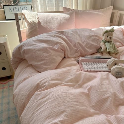 VM VOUGEMARKET Pink Grid Duvet Cover Set Queen 3 Pieces Lace Bedding Set Simple Cozy Plaid Checkered Comforter Cover with Zipper Ties for Teen Girls (No Filling)