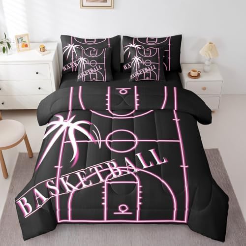 Erosebridal Kids Basketball Bed in a Bag 7-Piece for Girls Pink Bedding Set, Ball Gamer Full Size Comforter Set Sport Game Bedding Comforter Sets, Girly Basketball Court Bed Set (Black Reversible)