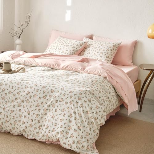 Wake In Cloud - Floral Comforter Set with Sheets, Coquette Cottagecore Aesthetic Flower Shabby Chic Pattern for Women Teen Girls, 7 Pieces Bed in a Bag, Peach Blush, Queen Size