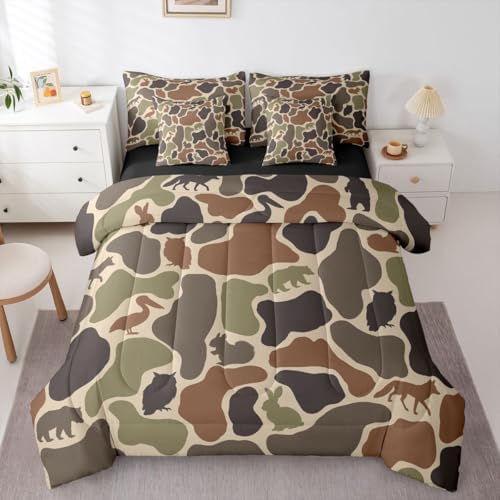 Erosebridal Bear Owl 7 Piece Bedding Set Twin Camo Comforter Set with Sheets Squirrel Rabbit Wolf Pelican Army Print Bed in a Bag Brown Farmhouse Camouflage for Kids Boys Girls