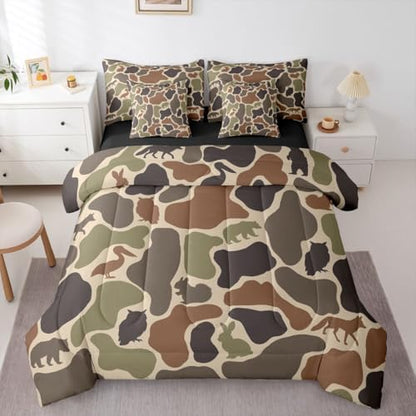 Erosebridal Bear Owl 7 Piece Bedding Set Twin Camo Comforter Set with Sheets Squirrel Rabbit Wolf Pelican Army Print Bed in a Bag Brown Farmhouse Camouflage for Kids Boys Girls