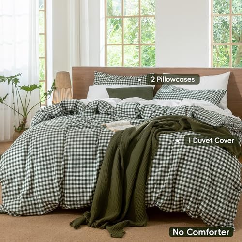 MooMee Gingham Duvet Cover Set 100% Washed Cotton Linen Like