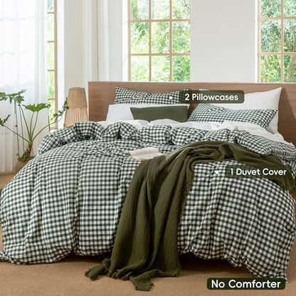 MooMee Gingham Duvet Cover Set 100% Washed Cotton Linen Like