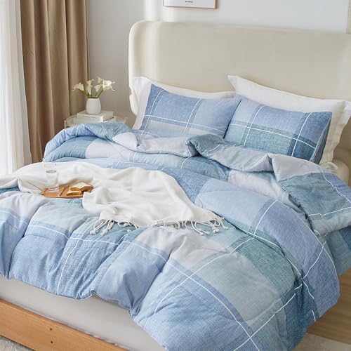 mixinni King Comforter Set 3 Piece Modern Buffalo Checkered Lightweight Comforter Geometric Plaid Pattern Blue Bedding Set for Women and Men-King Size