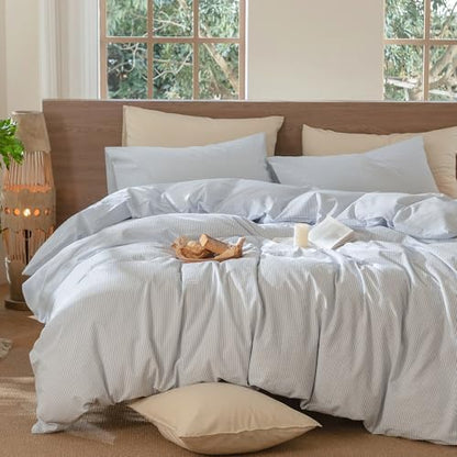 MooMee Striped Duvet Cover Set 100% Washed Cotton Linen Like Full