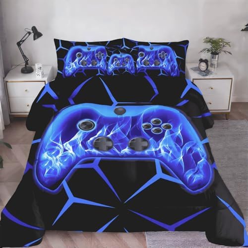 ZRNBAST Queen Size Comforter Set, 6 Pieces Blue Gaming Bed in a Bag Queen